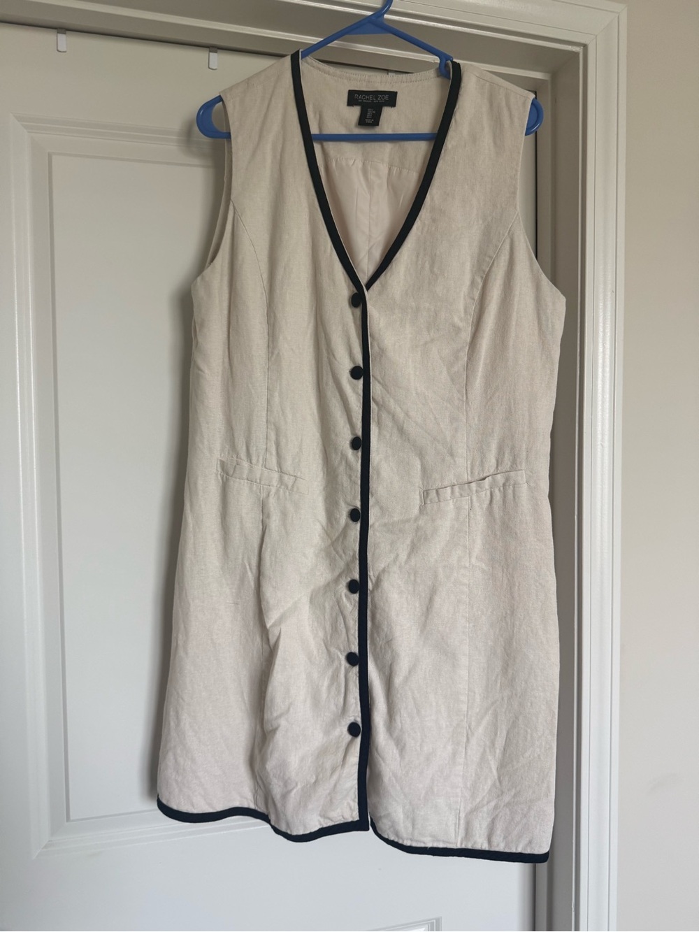 Rachel Zoe Cream Sleeveless Button-Front Mini Dress with Black Trim
